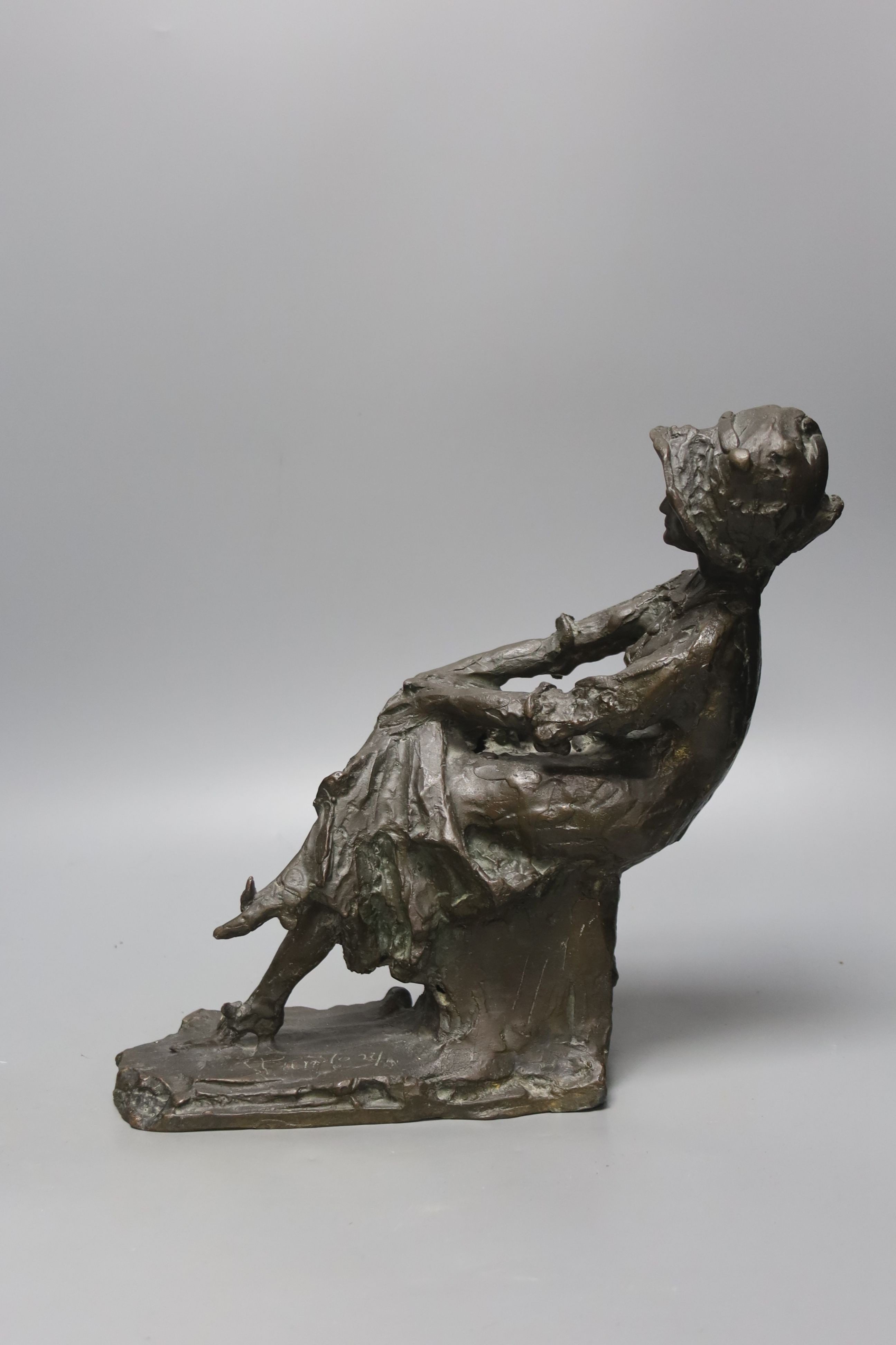 A Lost wax bronze of a seated lady, indistinctly signed, height 29cm